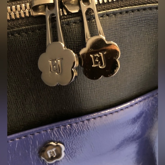 Eric Javits Patent and Saffiano Leather Handbag in Purplish Blue and Black - Picture 5 of 14